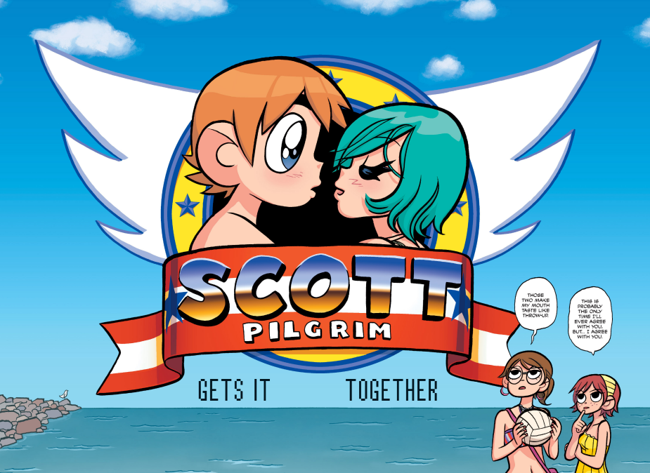 Uma das Capas de Scott Pilgrim. nela temos Scott e Ramos quase se beijando usando a tela inicial de Sonic 2 como referência.