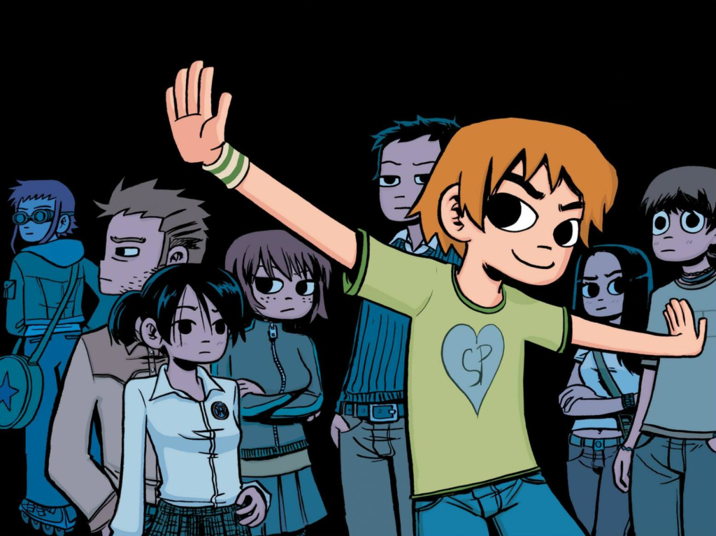 Imagem mostrando a maioria dos personagens de Scott Pilgrim.