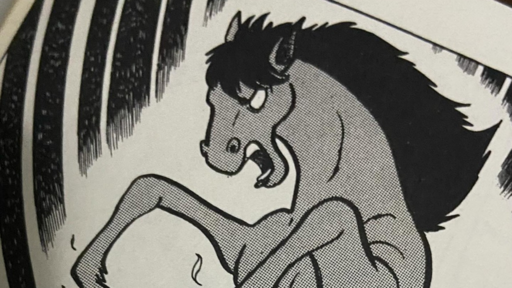 Um cavalo com o traço totalmente diferente do resto do manga de Kamen Rider