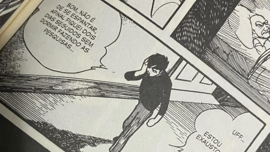Exemplo de diálogo do Manga de Kamen Rider, onde o protagonista fala sozinho para contextualizar o leitor