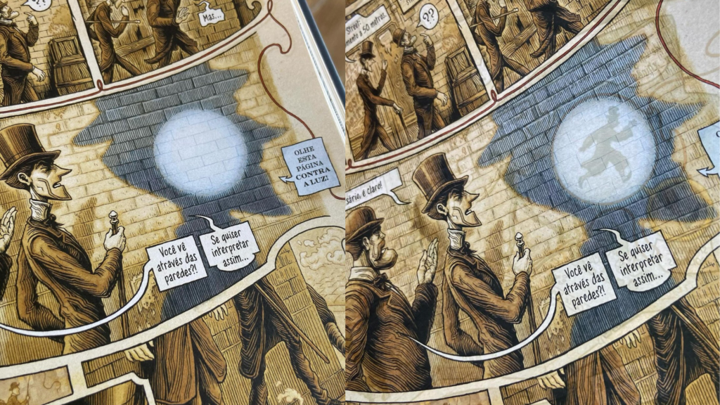 Imagem mostrando essa cena, o Sherlock e Watson sendo perseguidos, enquanto mostra o perseguidor usando um caminho alternativo ao colocar a página sobre a luz.