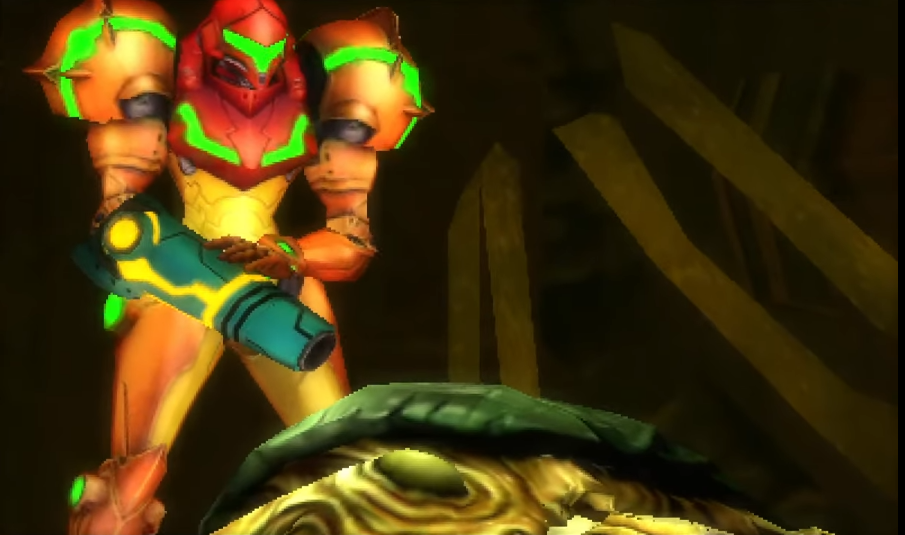 Samus segurando o seu canhão.