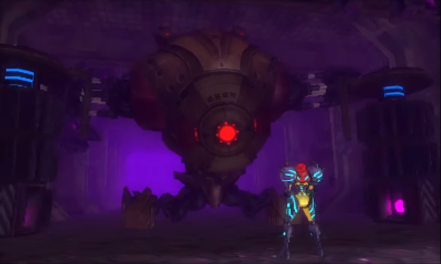 Samus encarando um chefe no jogo Metroid: Samus Returns