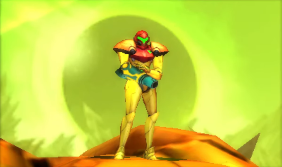 Samus saindo de sua nave no jogo Metroid: Samus Returns