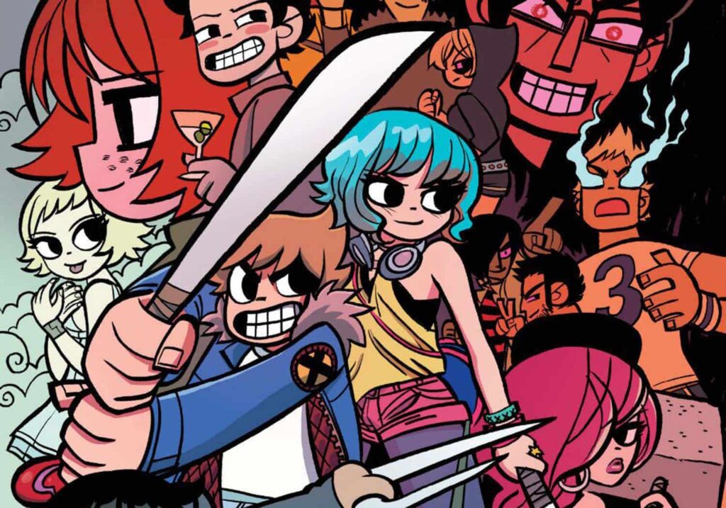 Um papel de parede com todos os personagens destacando Scott com o poder do amor (a espada) e Ramona.
