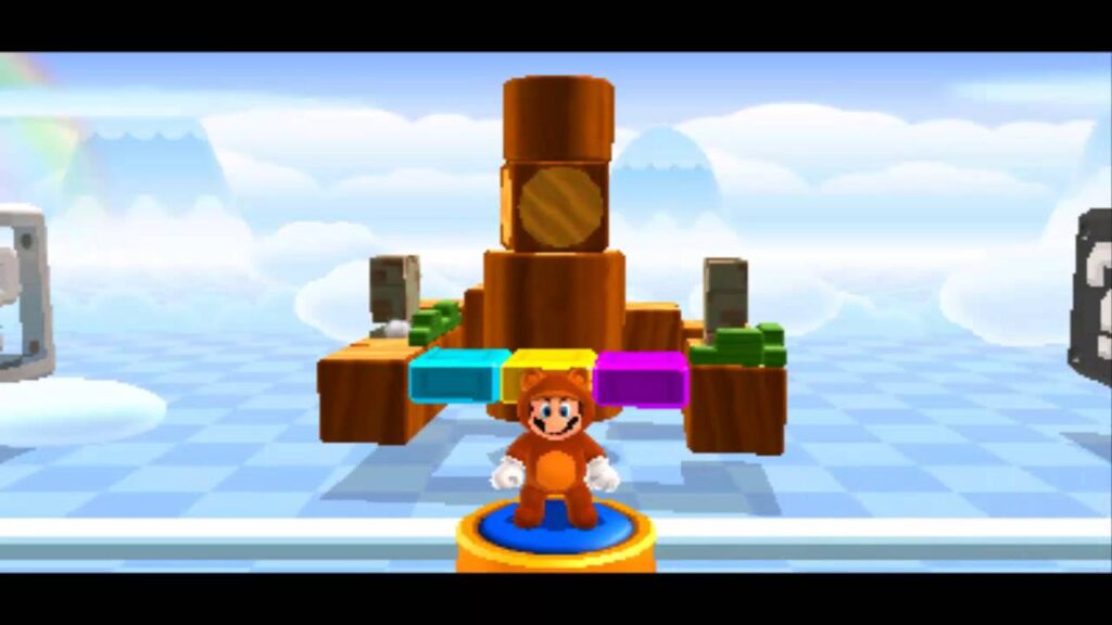 Mario na forma tanooki em um dos mundos de Super Mario 3D Land