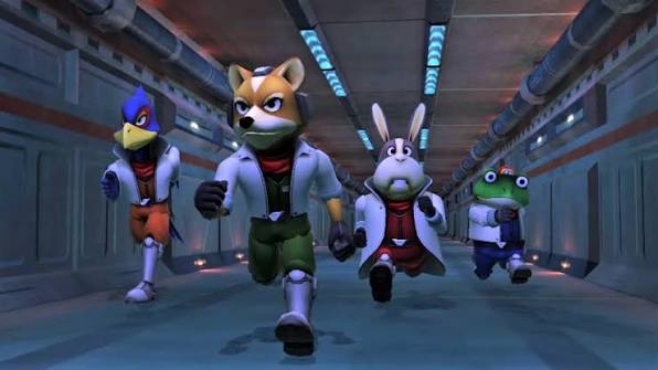Segunda formação do Star Fox: Fox McCloud, Falco Lombardi, Slippy Toad e Peppy Hare.