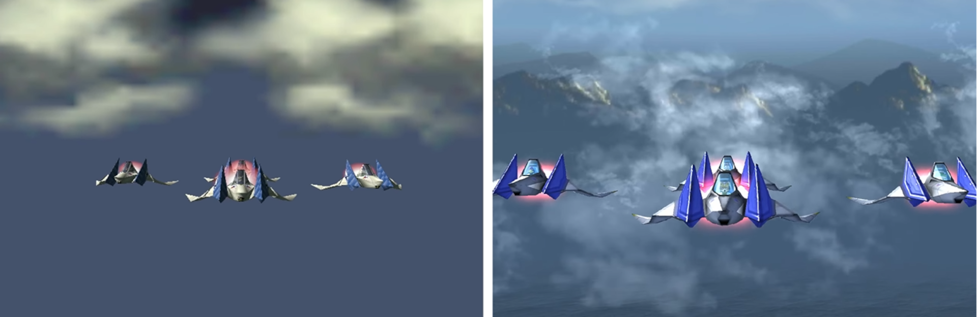 Comparação lado a lado da versão de Nintendo 64 e 3DS. Na imagem temos as 4 Airwings vista de frente.