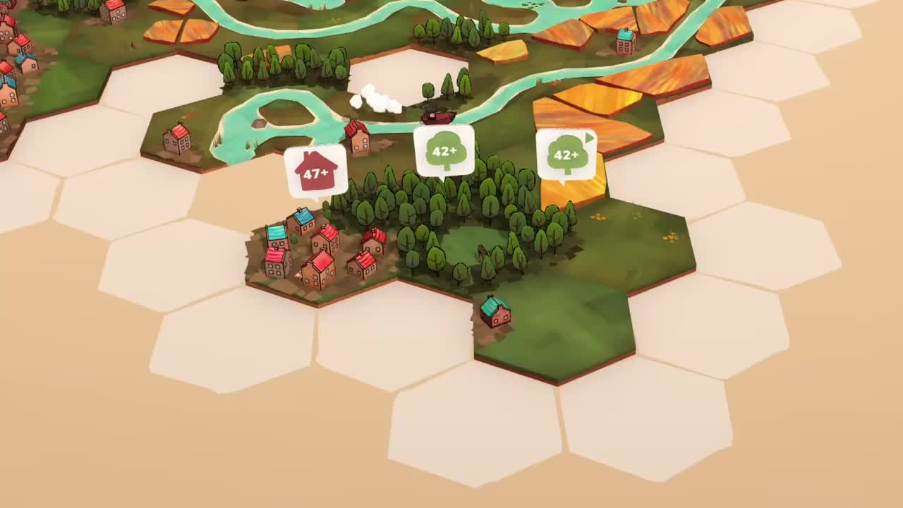 Gameplay mostrando as peças de objetivo em dorfromantik