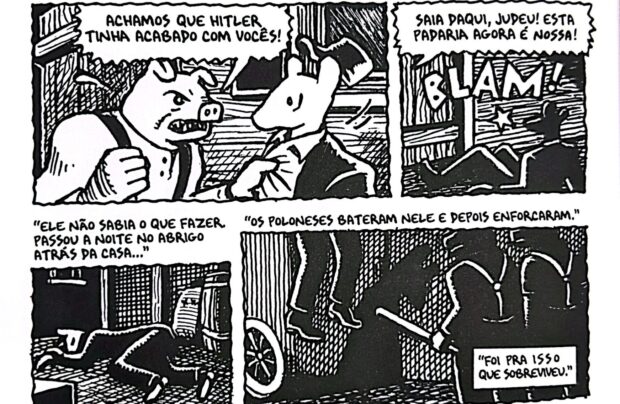 Os porcos ameaçando os ratos em MAUS