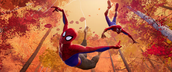 Miles Morales e Peter Parker se balançando na floresta