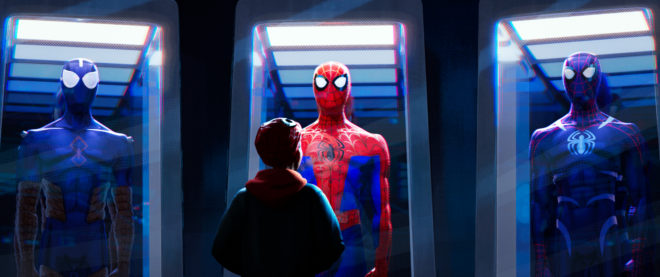 Miles Morales olhando a roupa do Homem-Aranha