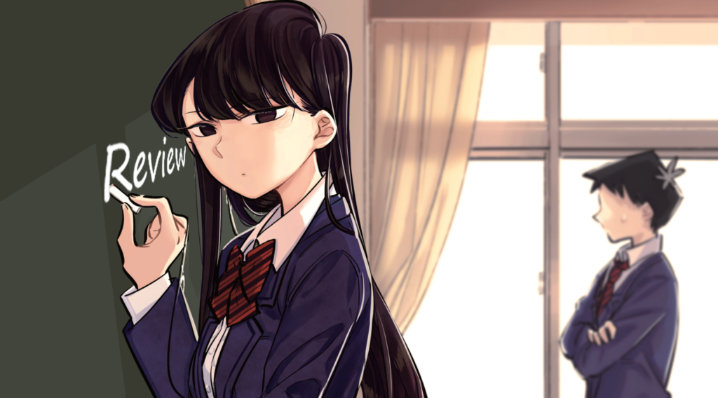 Personagem Komi escrevendo em um quadro negro