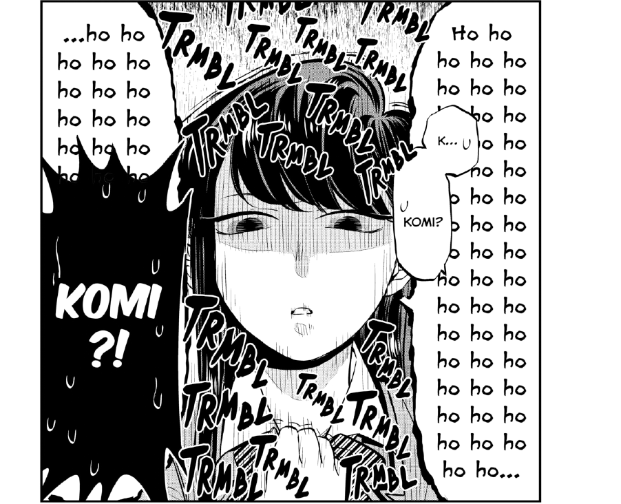 Komi tentando falar algo, porém tremendo e falando apenas a silaba "ho"