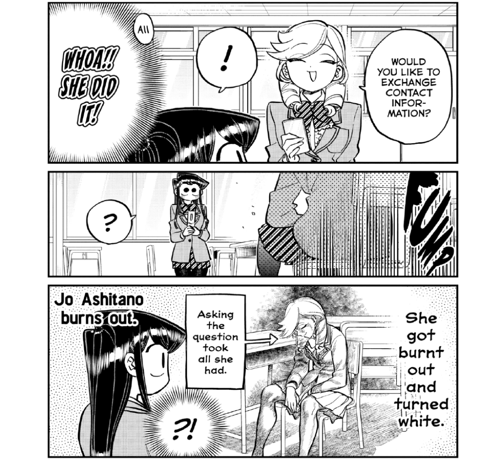 Personagem Jo Ashitano pedindo para ser amiga da Komi. 