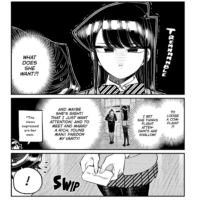 Komi tentando agradecer uma comissaria de bordo 