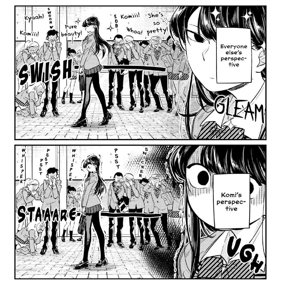 Dualidade entre como as pessoas veem a Komi e como ela esta se sentindo