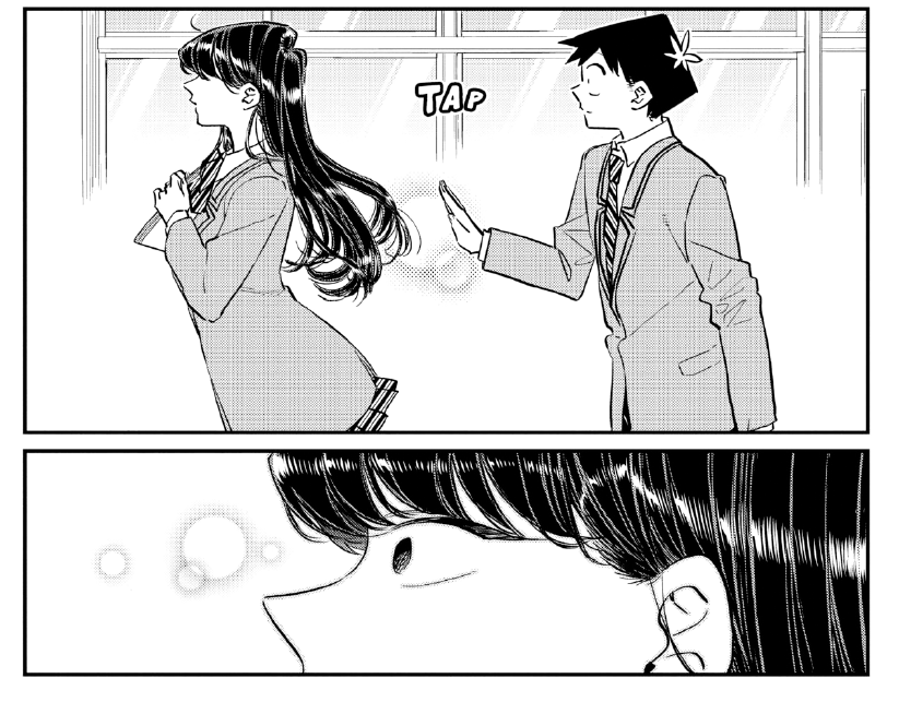 Tadano dando um empurrãozinho na Komi para ela conseguir falar com alguém