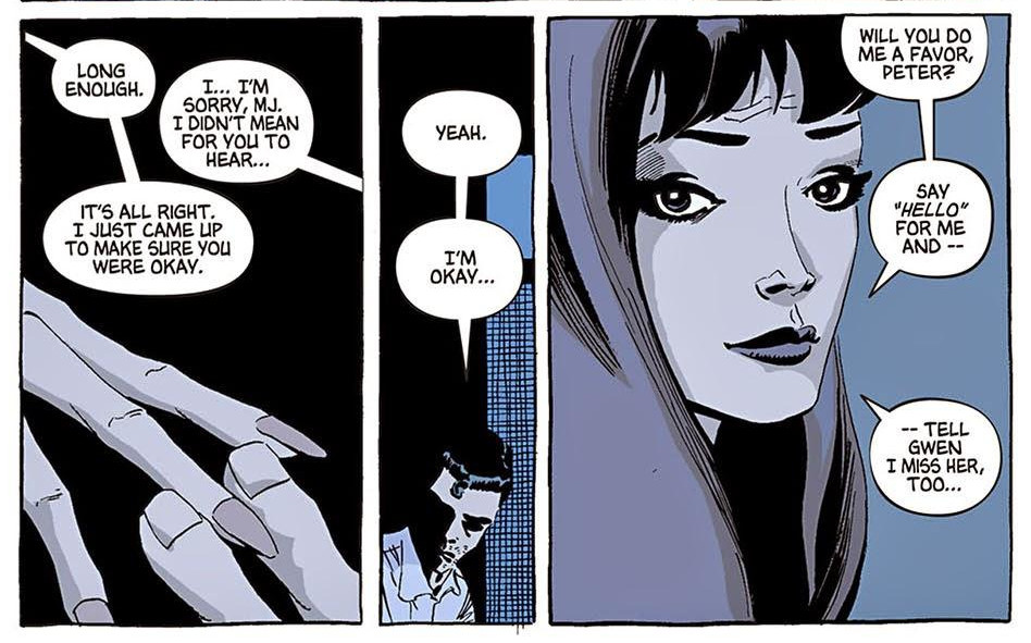 MJ falando para Peter dizer a Gwen que ela sente sua falta,