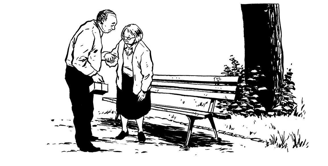 Um casal de idosos sentando no Banco do quadrinho: Um pedaço de madeira e aço.