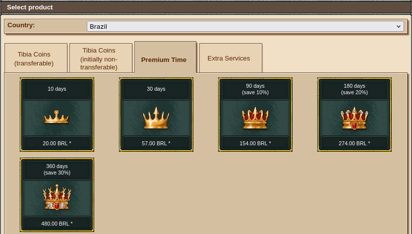 Print com os preços da Premium Account do Tibia