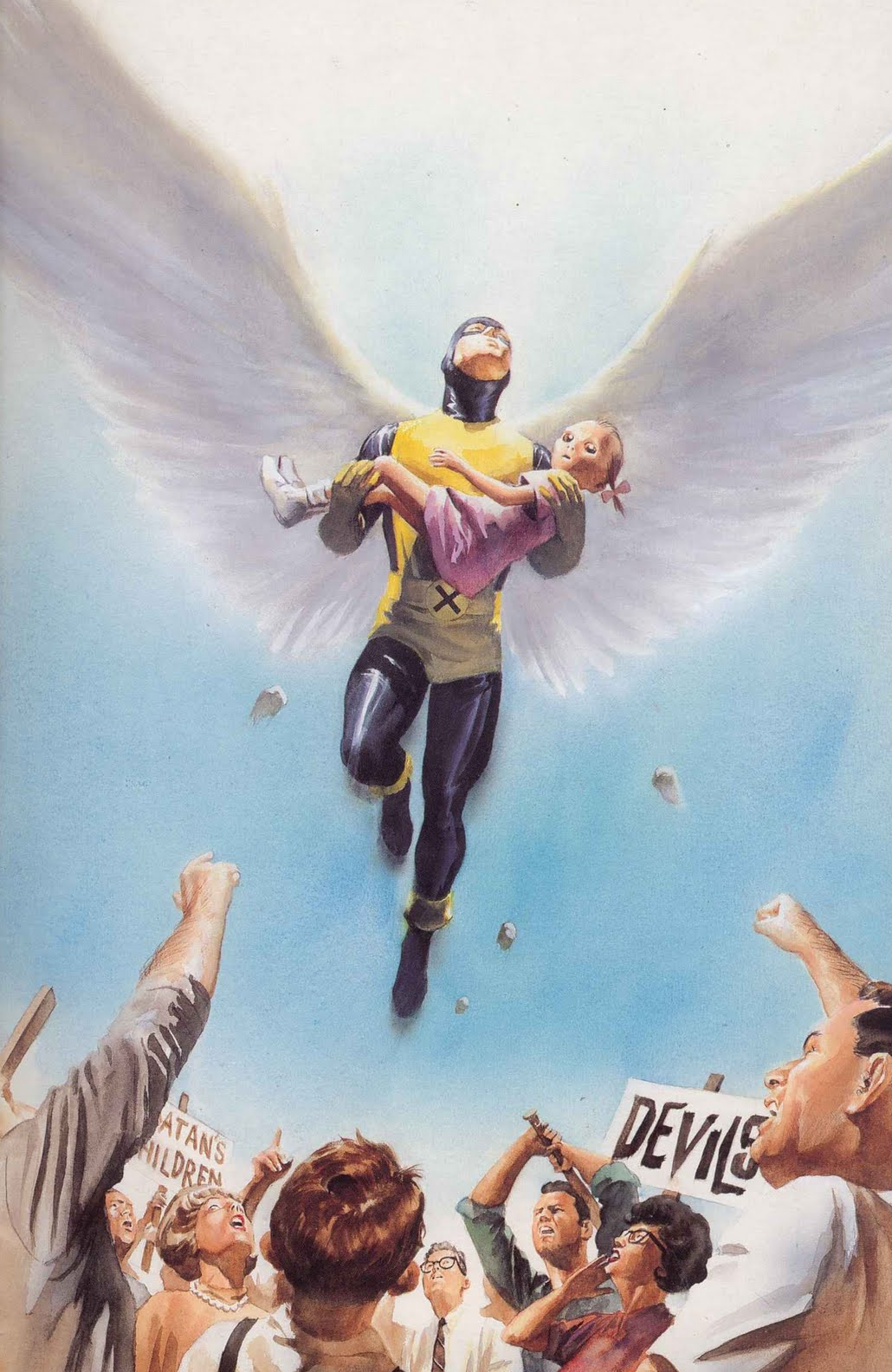 Anjo carregando uma criança mutante com uma multidão abaixo com cartazes escrito: Demônios e filhos de Satan.